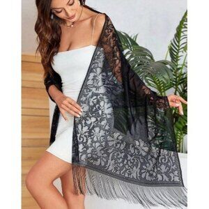 Elegant Black Lace Shawl with Floral Embroidery & Tassel Trim Sheer, Lightweigt